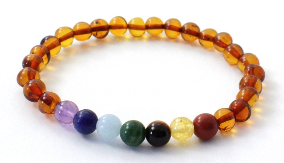 Amber Cognac Chakra Stretch Bracelet With Gems